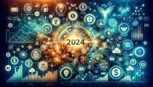 Visual representation of top funding opportunities in 2024 with icons for government grants, private sector funding, venture capital, angel investors, and crowdfunding, set against a backdrop of financial charts and graphs.