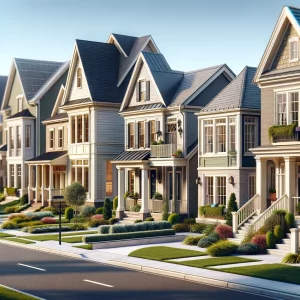 A photorealistic view of a residential street in the Orleans Real Estate Market, showcasing various homes with distinct architectural styles and manicured lawns.
